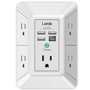 USB Wall Charger,LVETEK Surge Protector 5 Outlet Extender with 4 USB Ports (1 USB C Outlet) 3 Sided 1680J Power Strip Multi Plug Outlets Wall Adapter Spaced for Home Travel Office ETL Listed