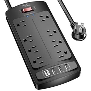 Nuetsa Surge Protector Power Strip - Flat Plug Extension Cord with 8 Outlets and 4 USB Ports, 6 Feet Power Cord (1625W/13A) , 2700 Joules, ETL Listed, Black