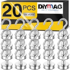DIYMAG Magnetic Hooks, 25lbs+ heavy duty magnetic hooks cruise for hanging, super strong magnet hooks for cruise cabin, refrigerator,classroom,magnetic metal hooks for grill (Sliver,pack of 20)