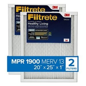 Filtrete 20x25x1 Air Filter MPR 1900 MERV 13, Healthy Living Ultimate Allergen, 2-Pack (exact dimensions 19.69x24.69x0.78)