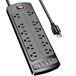 Power Strip, ALESTOR Surge Protector with 12 Outlets and 4 USB Ports, 6 Feet Extension Cord (1875W/15A), 2700 Joules, ETL Listed, Black…