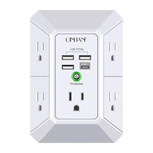 USB Wall Charger, Surge Protector, QINLIANF 5 Outlet Extender with 4 USB Charging Ports (4.8A Total) 3-Sided 1680J Power Strip Multi Plug Outlets Wall Adapter Spaced for Home Travel Office (3U1C)
